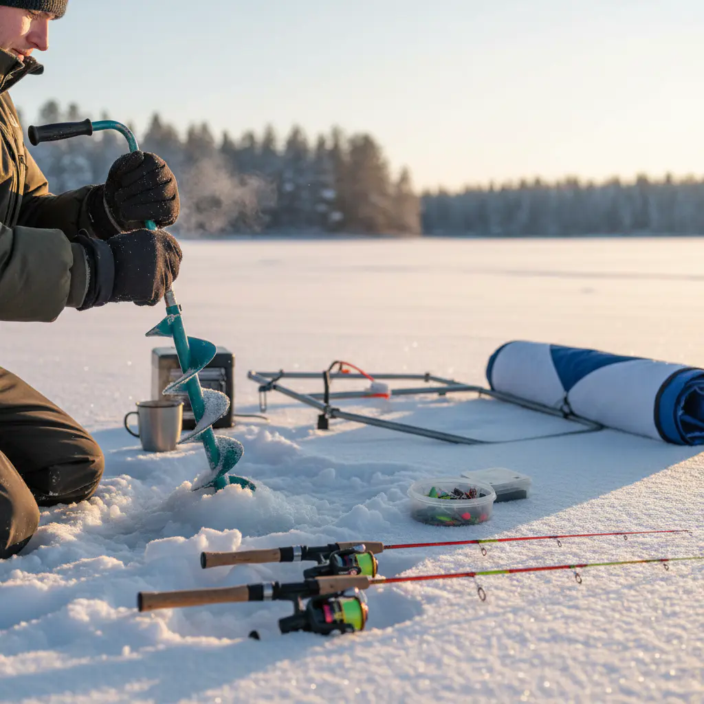 Hands setting up ice fishing gear in snow