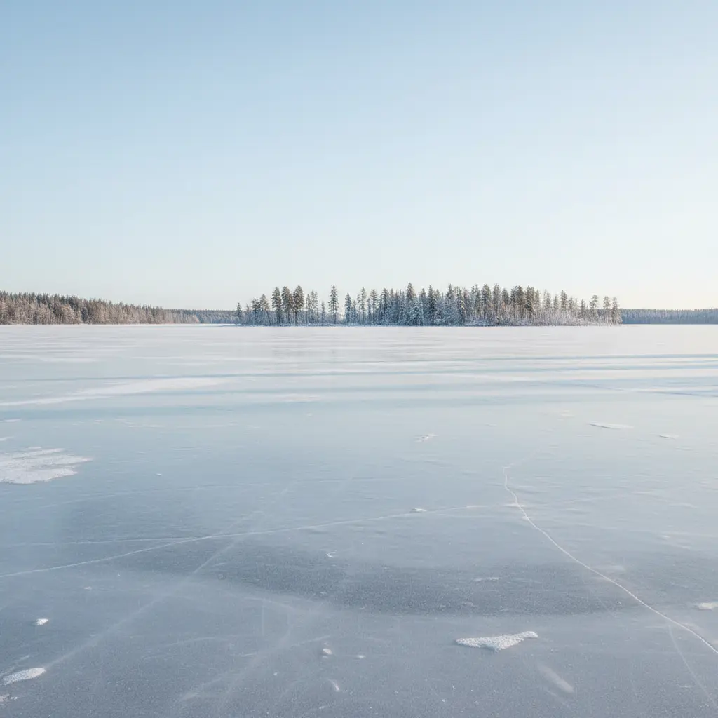 Minimalist winter landscape of a frozen lake